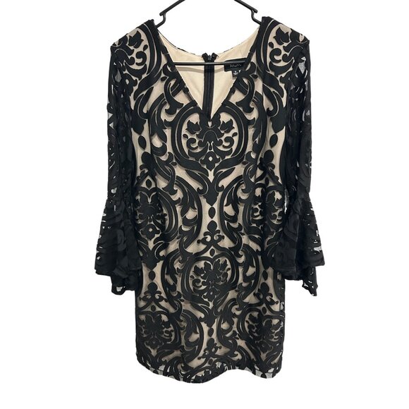MSK Bell Sleeve Lace Overlay Cocktail Mini Dress Black Nude Sz 10 Party Elegant - Picture 1 of 13
